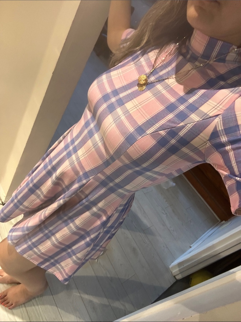 Blackmilk Pink & Blue Plaid Mock-Neck Midi Dress